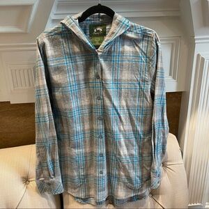 AU: STILLWATER SUPPLY CO. MEN'S FLEECE SHIRT L BLUE & GRAY PLAID HOODED SHACKET